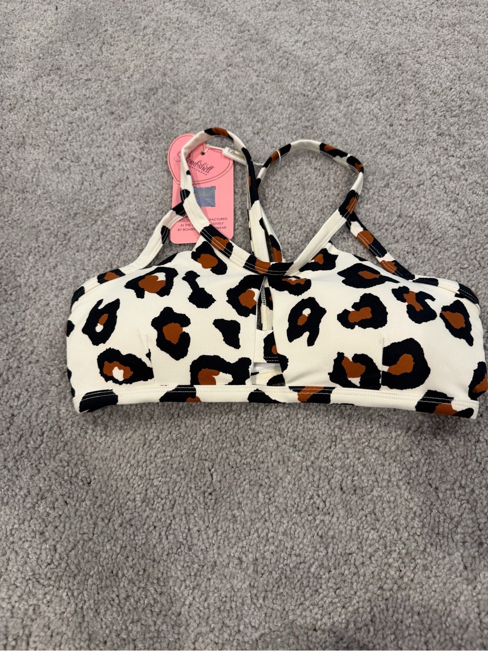 Bombshell Sportswear White Leopard Print Sports Bra with Black & Brown Spots